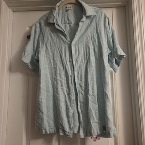Haggar Light Blue Men's Casual Button Down Shirt Medium Linen Blend W Pattern